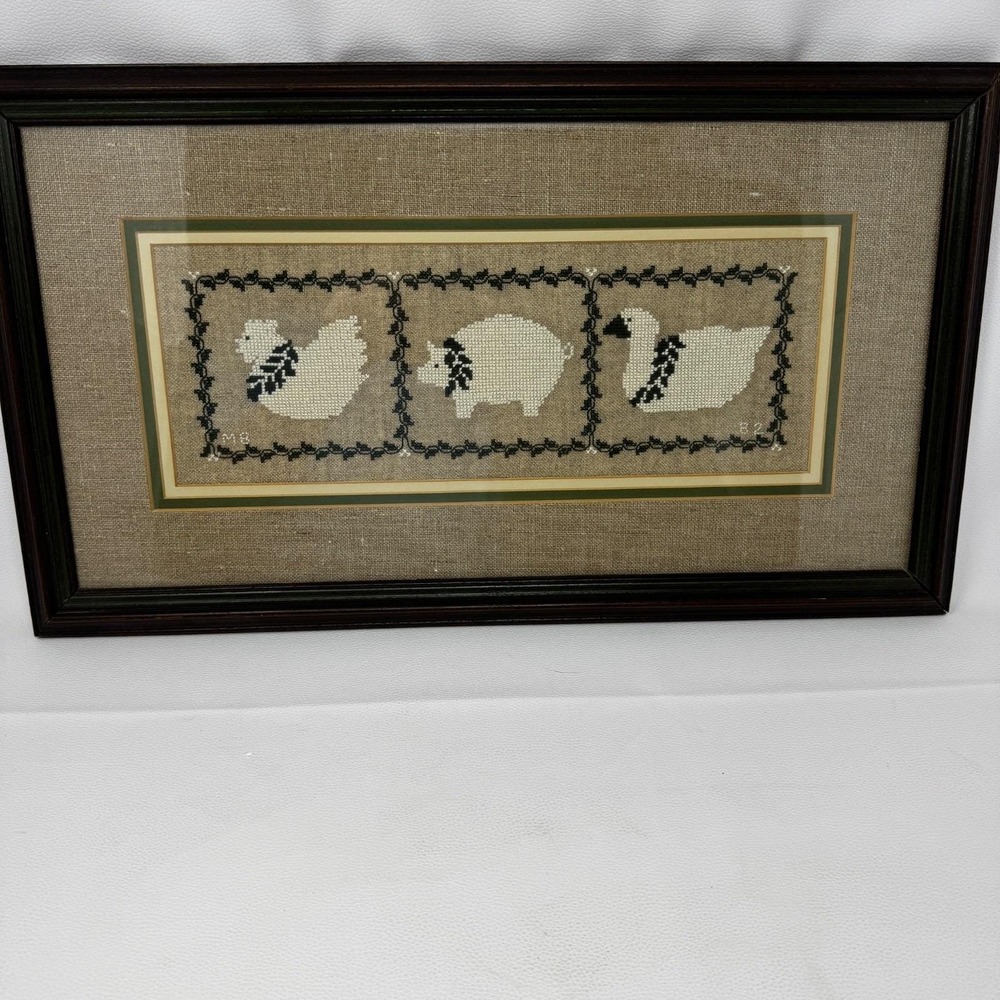 VTG 1982 Cross Stitch Sampler Pig Hen Swan Framed Country Folk Art Signed MB